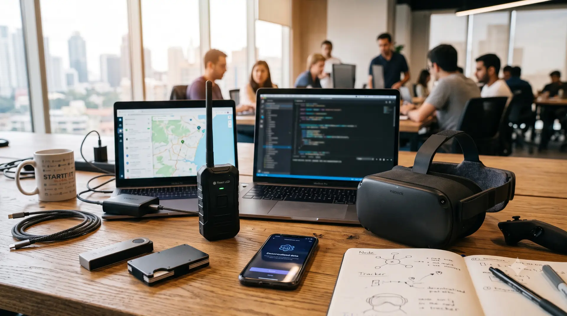 Scrivania Startit con laptop, dispositivi IoT, visore mixed reality e schizzi di progetto in ufficio