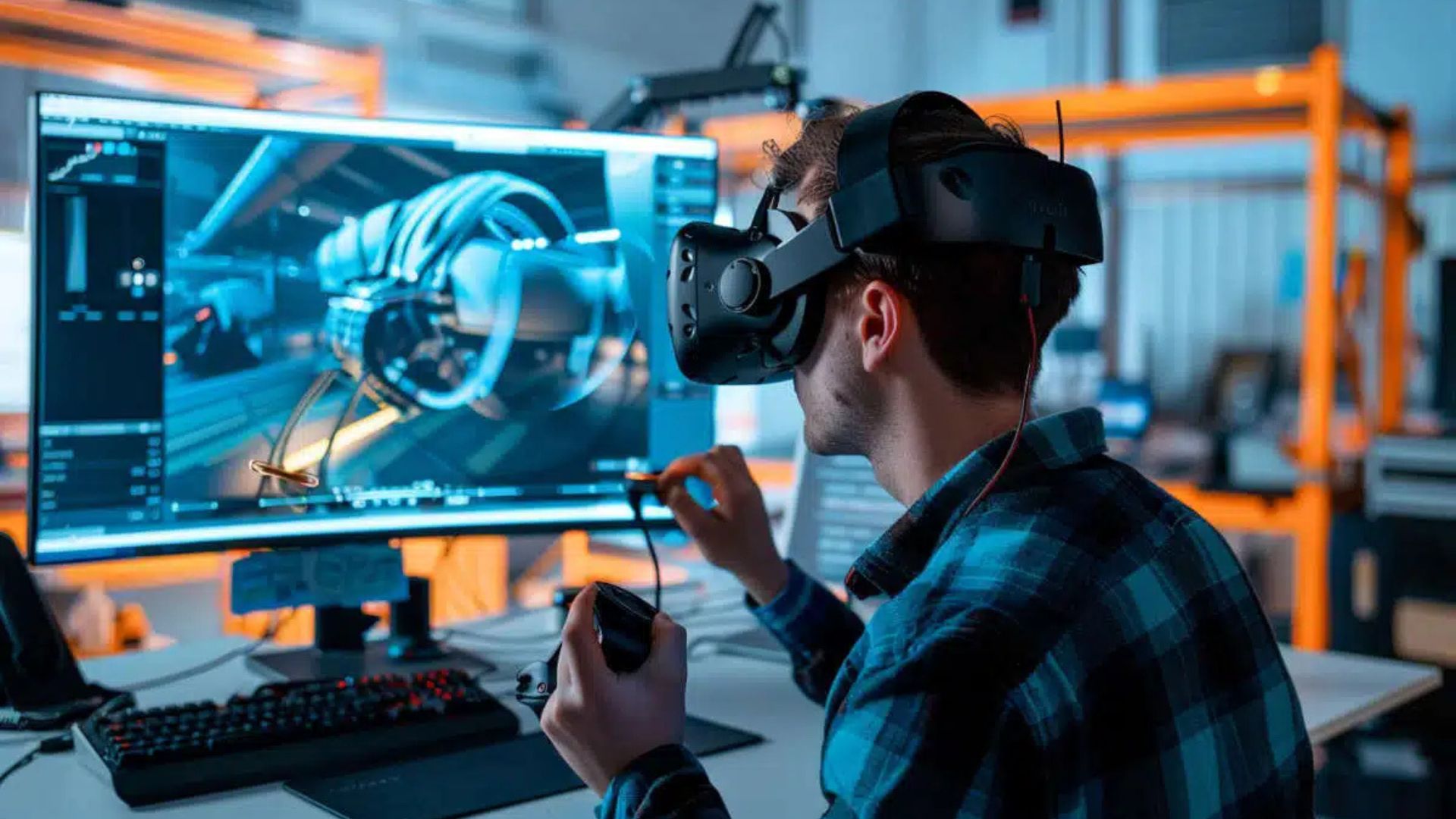 Tecnico Startit che utilizza un visore di mixed reality per interagire con un modello 3D industriale